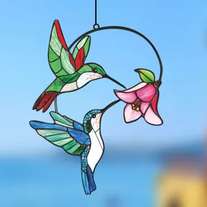 Stained glass hummingbird suncatcher window hanging panel with double hummingbirds and flower.