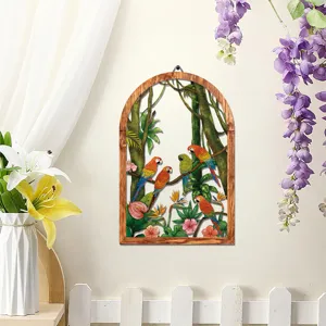 Wooden iron arch wall hanging decor featuring tropical jungle parrots and floral art for home.