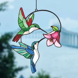 Metal hummingbird stained glass hanging window ornament double-sided wall decor craft