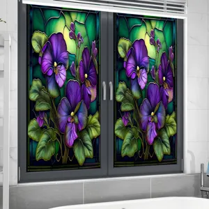Stained glass window film with colorful purple floral design, static cling PVC removable decor.