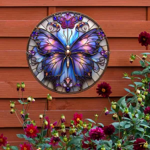 Exquisita decoración colgante de jardín de mariposas de metal con estilo de vidriera.