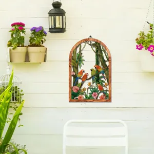 Wooden arched wall hanging with vibrant tropical parrot and floral jungle design for home decor