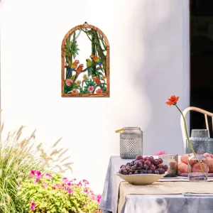 Wooden arched wall hanging decor featuring tropical parrots and jungle flowers for indoor home.