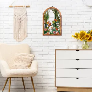 Charming arched wooden jungle wall decor featuring colorful parrots, perfect for living room accent.