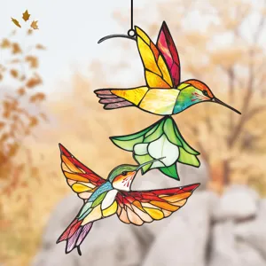 Stained glass double-sided hummingbird hanging ornament, metal frame window wall decor.