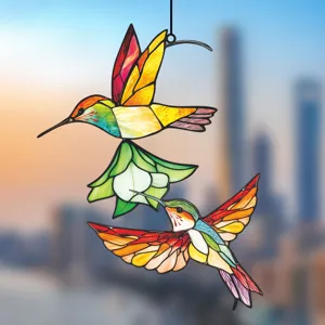 Metal stained glass hummingbird window hanging decor, double-sided vibrant wall art craft.
