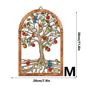 Wooden and metal tree wall hanging decor with birds and apples, 30x20cm home art.