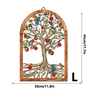 Wooden metal wall art hanging tree design with birds and flowers rustic home decor 45x30cm
