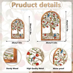 Wooden metal wall art hanging tree detail view showing dimensions and waterproof features