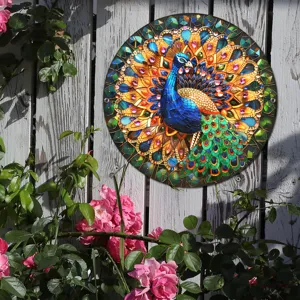 Placa decorativa de pared de pavo real de metal con diseño de mosaico para jardín.