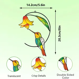 Metal stained glass hummingbird wall hanging decor, double sided color, 14.2x20.3cm size.