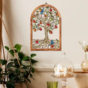 Wooden framed metal tree wall art decor with birds and apples, rustic arched hanging ornament.