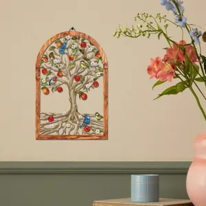 Wooden iron metal wall hanging tree art decor with red apples and birds for home decoration.