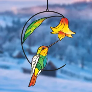 Metal hummingbird window hanging double-sided stained glass style wall art home decor.
