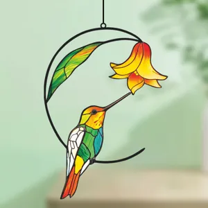 Metal hummingbird window hanging decoration, stained glass style flower wall art ornament.