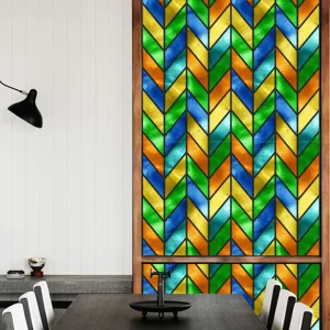 Gedetailleerd overzicht van retro visgraat raamfolie, decoratieve privacy glassticker.
