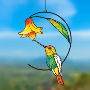 Exquisite stained glass hummingbird hanging ornament for window and wall decor, vibrant.
