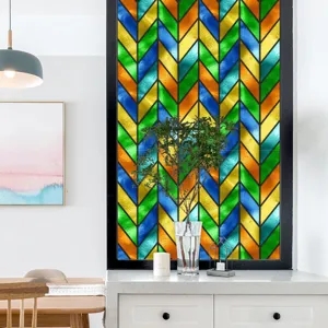 Raamfolie gebrandschilderd glas kleurrijk geometrisch chevron retro raamsticker detail 01.