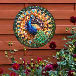 Arte de pared de pavo real de metal placa colgante redonda decoración de jardín mosaico