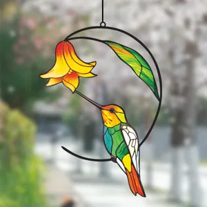 Stained glass hummingbird hanging suncatcher metal art window decoration for home garden decor