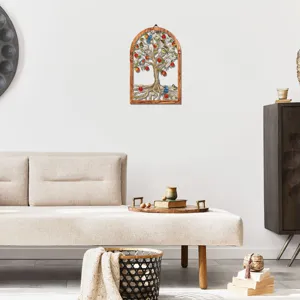 Arch wall art decor with metal tree and birds, rustic wooden frame hanging for living room.