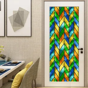 Prachtige kleurrijke statische glas in lood raamfolie met chevron patroon voor deur