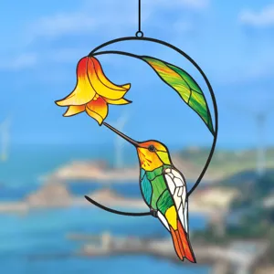 Stained glass hummingbird flower window hanging decoration metal art pendant ornament