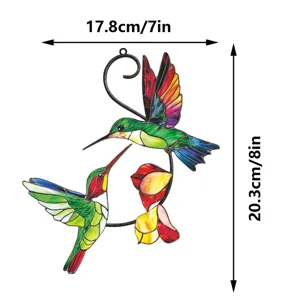 Stained glass style metal hummingbird wall hanging, exquisite double-sided window decor craft.