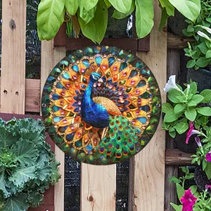 Placa colgante de pavo real de metal para jardín, decoración de pared exterior con mosaico.