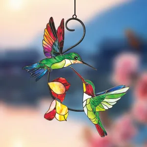 Stained glass hummingbird hanging ornament, vibrant metal iron art double-sided window decor for home.