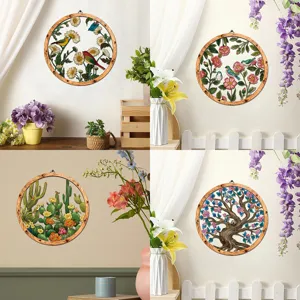 Wooden And Metal Wall Art Hanging Decor Pastoral Floral And Bird Round Wall Sculpture For Living Room Bedroom Home Decor