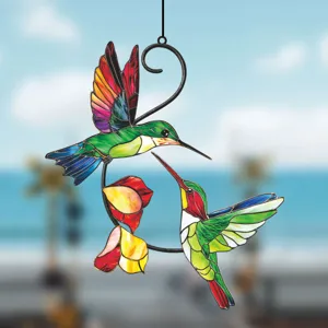 Stained glass style double-sided hummingbird metal wall hanging window decor ornament.