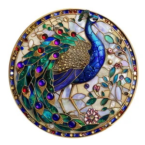 Placa decorativa redonda de pared de pavo real de metal estilo vitral para jardin y hogar.