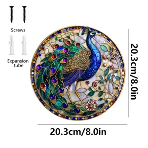 Placa de metal redonda decorativa para colgar en la pared de pavo real de vitral de 20.3cm