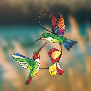 Stained glass double hummingbird metal hanging decor window ornament for home wall art