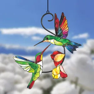 Stained glass hummingbird hanging decoration double sided metal window ornament craft