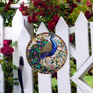 Decoracion de pared de pavo real de metal estilo vitral redondo ornamento de jardin