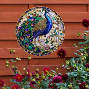 Decoración de pared de jardín con pavo real redondo de metal estilo vitral para exterior
