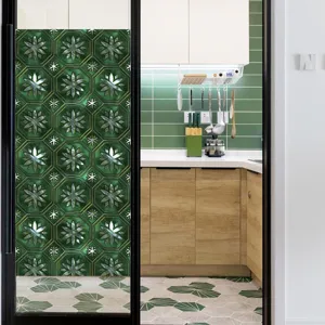Retro groene geometrische PVC statische raamfolie, matglas sticker voor deurdecoratie