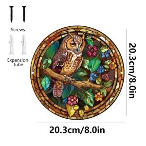 Placa colgante redonda de metal buho patron de flores estilo vidriera decoracion 20.3cm