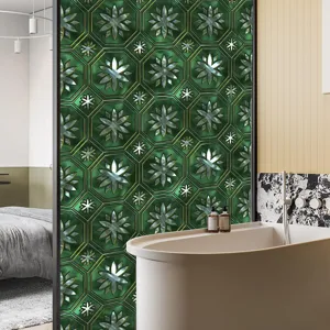 Groene retro raamfolie detail toont een hexagonaal bloemmotief statische matte sticker.