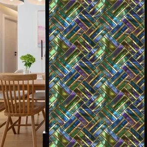 Gedetailleerd overzicht kleurrijke retro statische raamfolie, geometrisch patroon PVC.