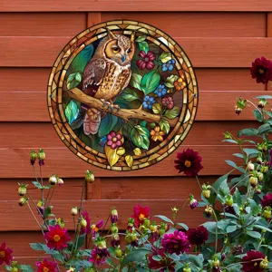 Placa colgante de metal con búho estilo vidriera, hermosa decoración de pared de jardín.