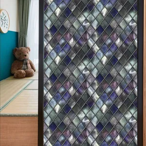 Vintage glas-in-lood raamfolie, statisch klevende ruitjespatroon privacy matte sticker.