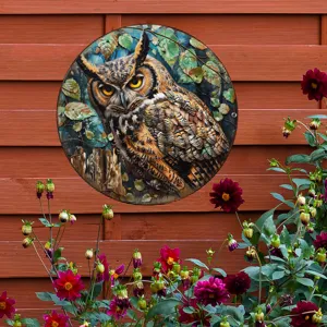 Placa redonda de metal de búho jardín exterior interior decoración colgante arte de pared.