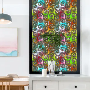 Kleurrijke retro statische glasraamfolie sticker, decoratieve PVC glas privacy sticker voor thuis.