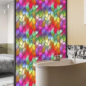 Kleurrijke glas-in-lood raamfolie, statische privacy raamsticker voor badkamer huisdecoratie.