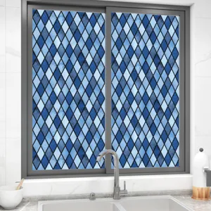 Retro blauwe ruit raam privacy folie, statische matte glassticker voor huisdecoratie.