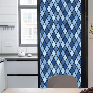 Blauwe ruit glas-in-lood raamfolie, decoratieve statische kleef PVC glas sticker voor thuis.