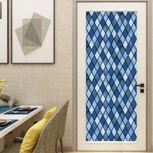 Blauwe ruit patroon statische raamfolie detail, verwijderbare PVC glassticker decoratie.